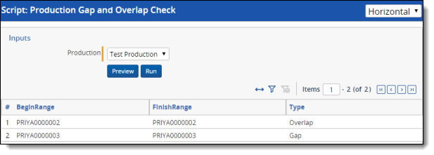 An example of the Production Gap and Overlap Check script report with sample data.