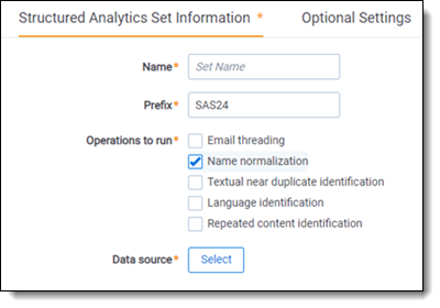 Structured analytics set options with name normalization selected