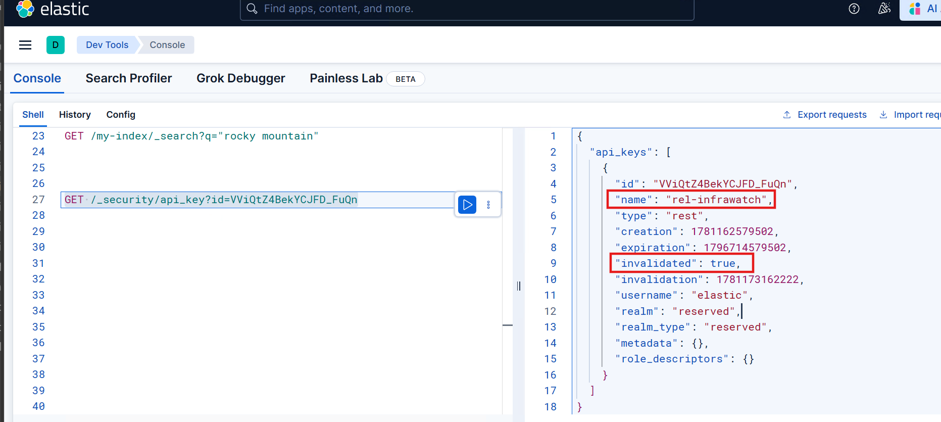 Old API key showing invalidated: true in Elasticsearch Dev Tools