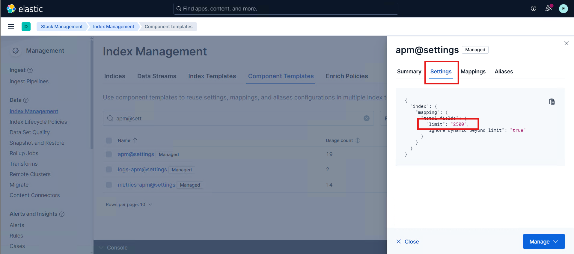 Screenshot: verify limit in Kibana
