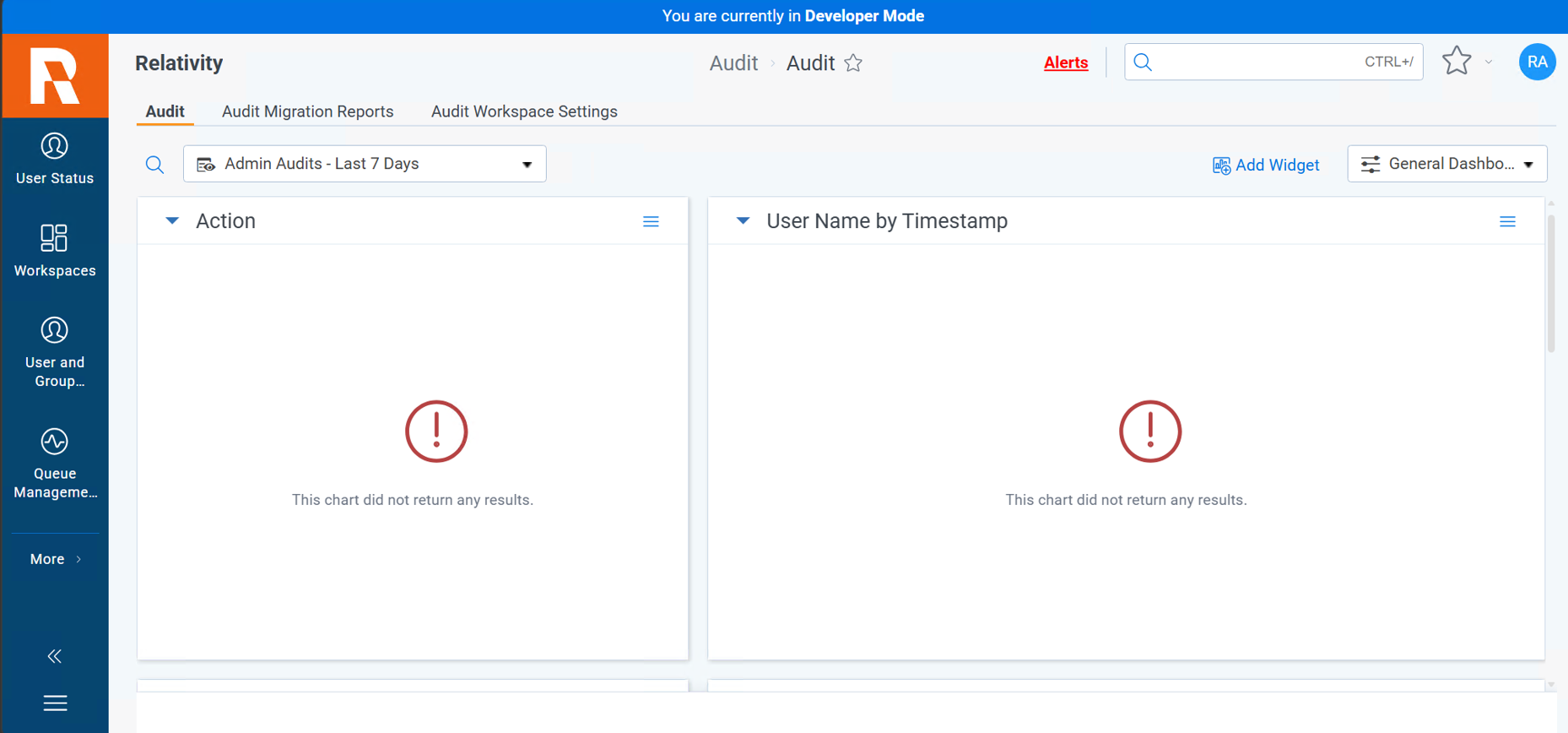 Relativity Audit tab showing no results