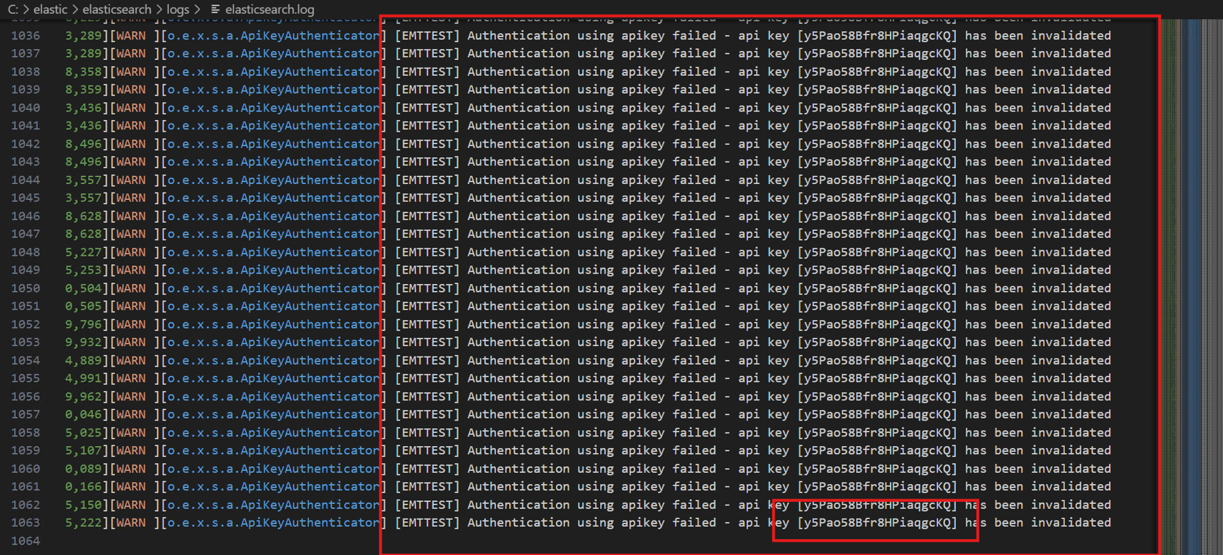 Elasticsearch log showing repeated invalidated API key warnings