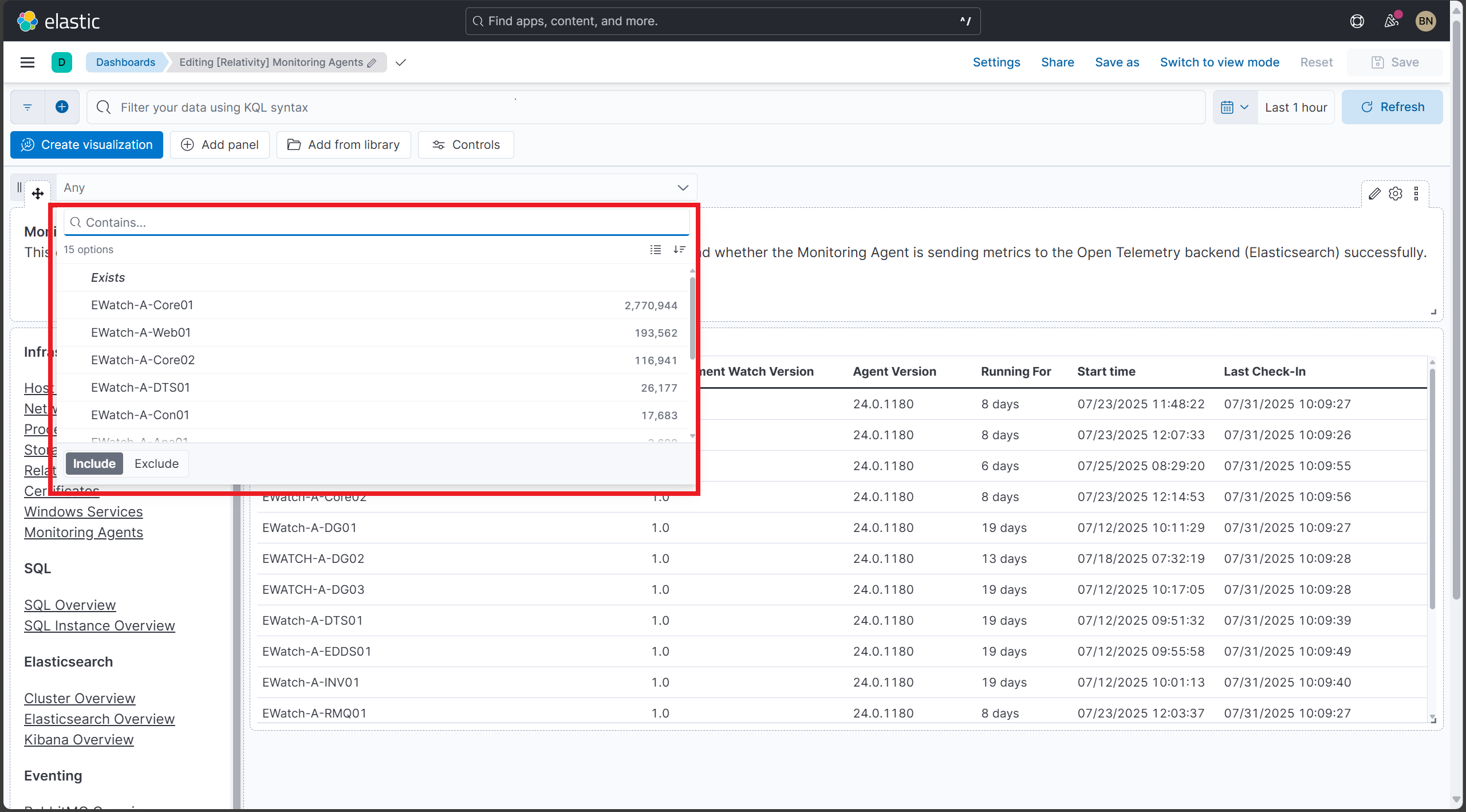 Screenshot: Filter dropdown populated