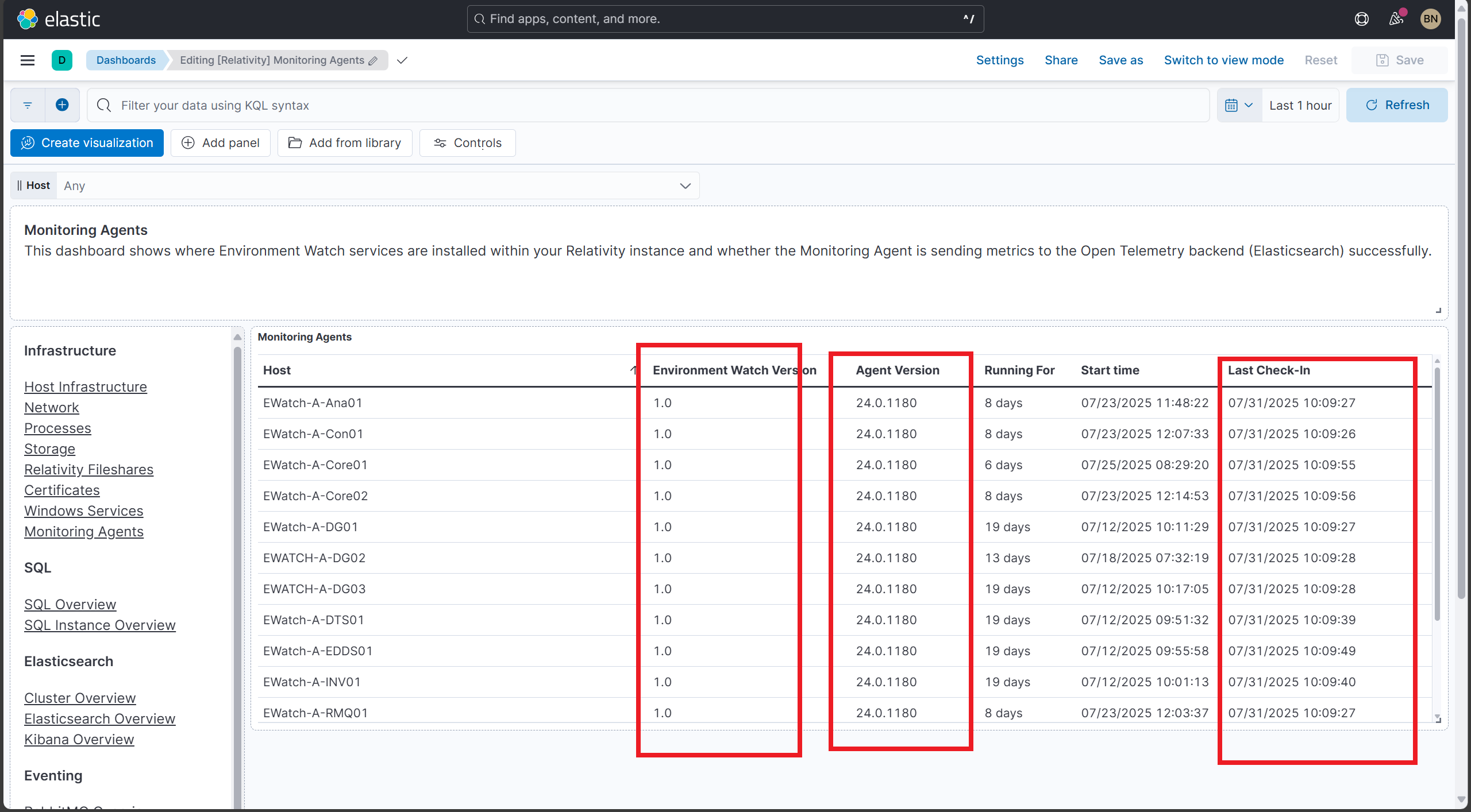 Screenshot: Hosts and versions