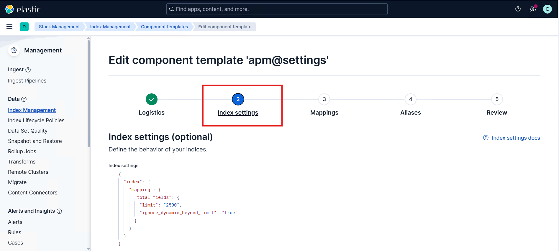 Screenshot: edit apm@settings in Kibana