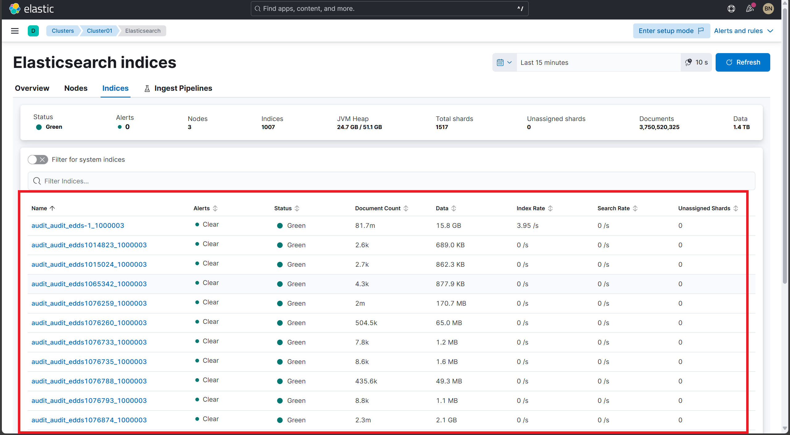 Screenshot: Index Statistics