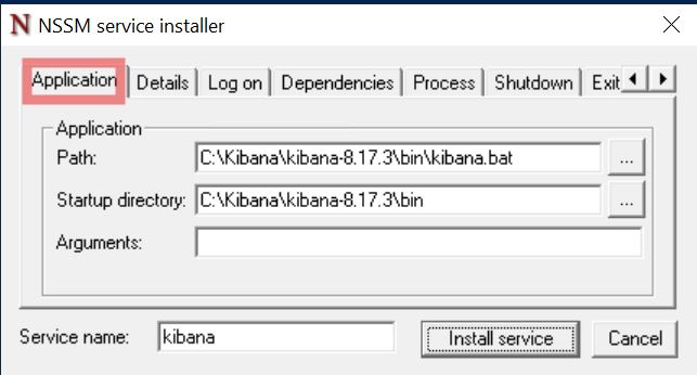 Kibana service application tab