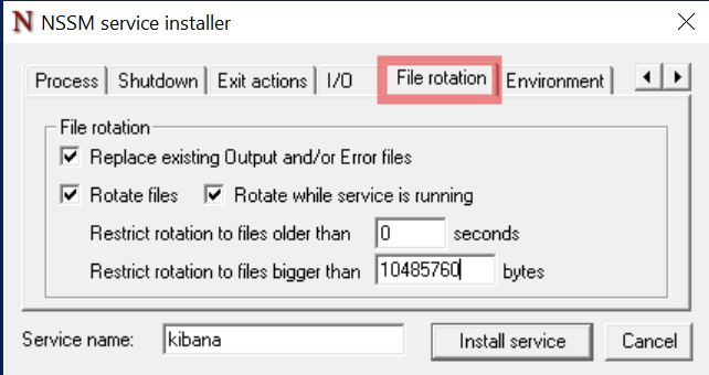 Kibana service file rotation tab