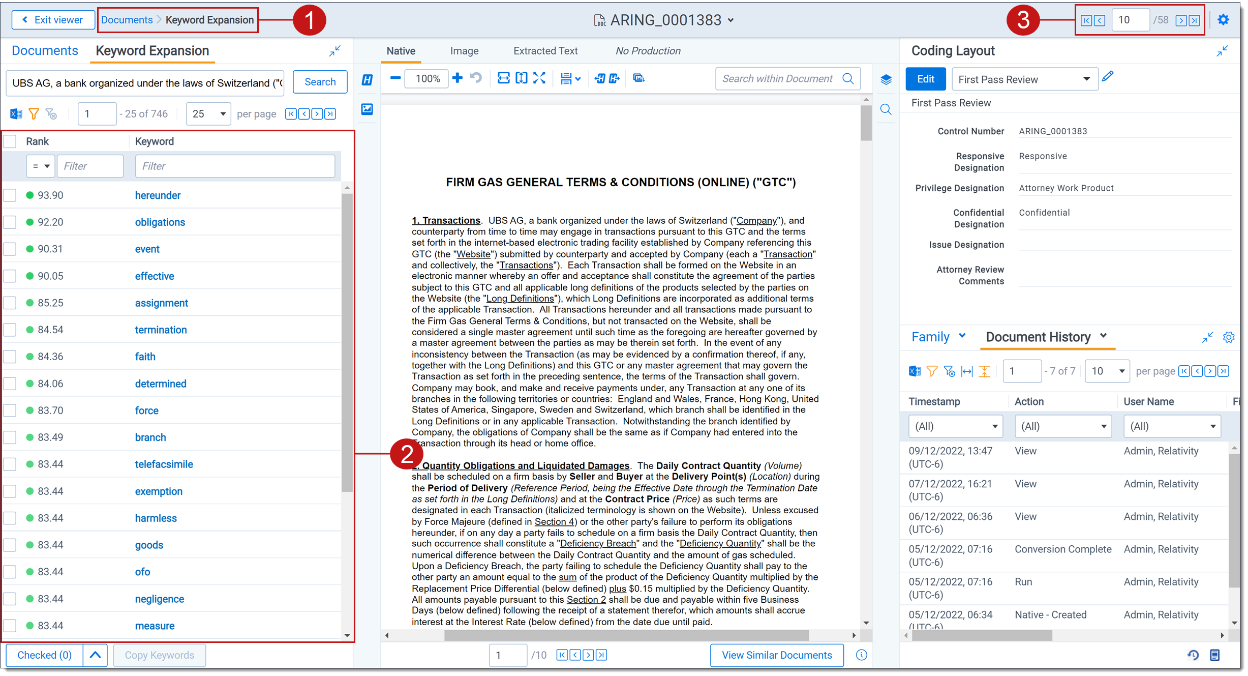Click to expand The Viewer displays with the Keyword Expansion card and Coding layout expanded. The Keyword Expansion, breadcrumbs, and document navigation are highlighted.