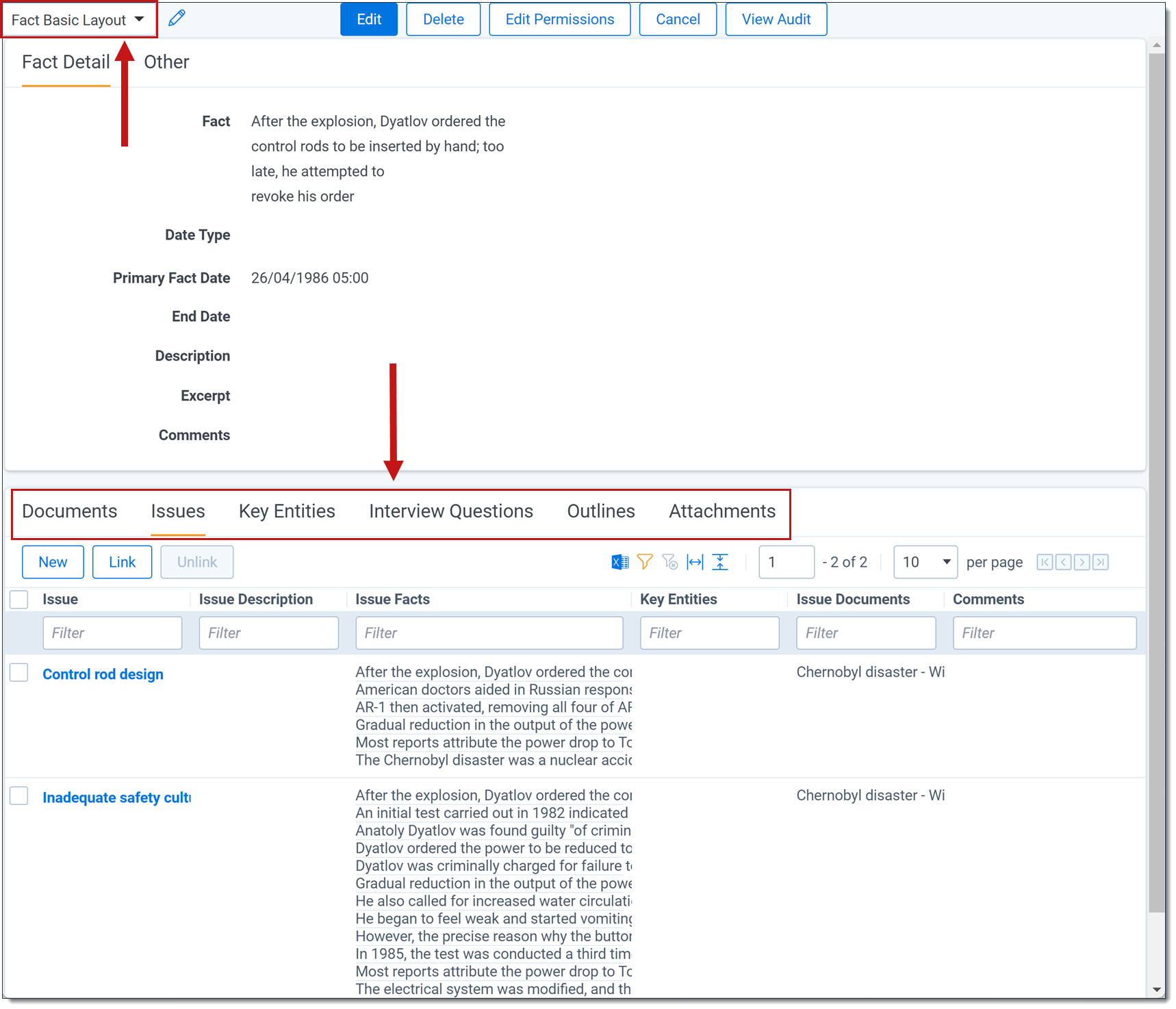 The View Case Dynamics object pop-up with the layout and tabs highlighted.