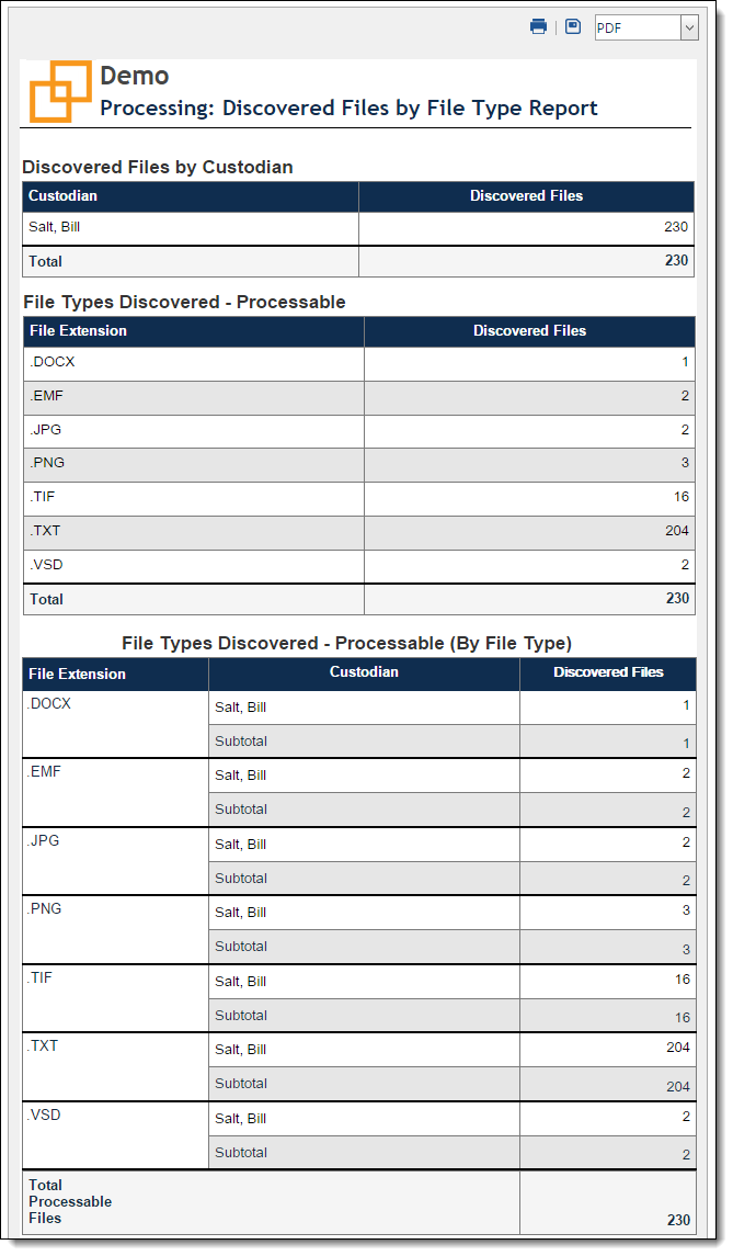Discovered files by file type report