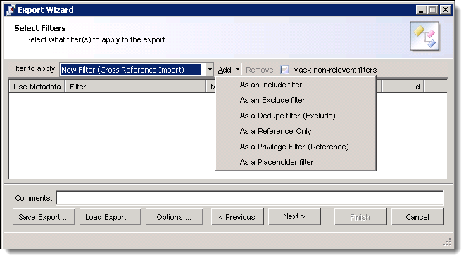 Select filters window
