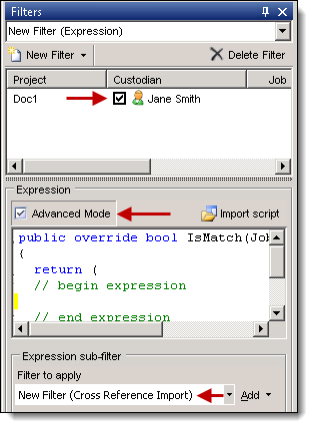 Custodian checkbox in New Filter menu