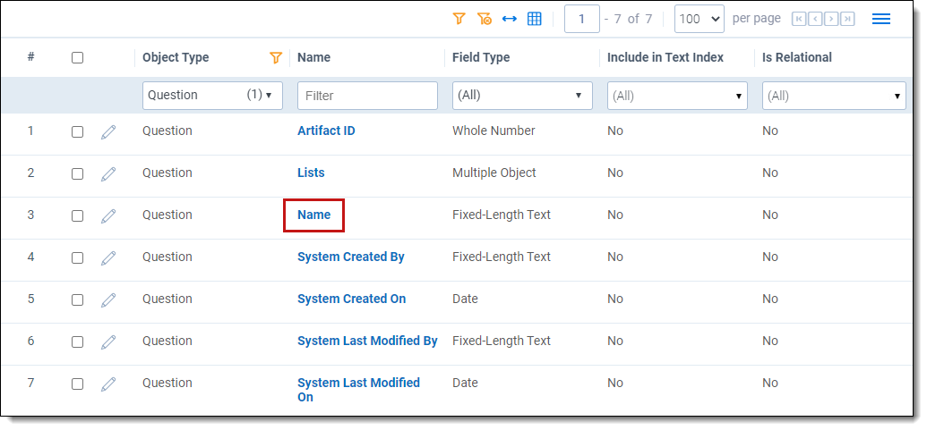 Name field in the Fields grid