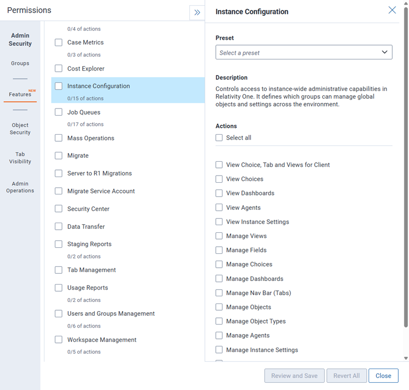 Features tab Actions details