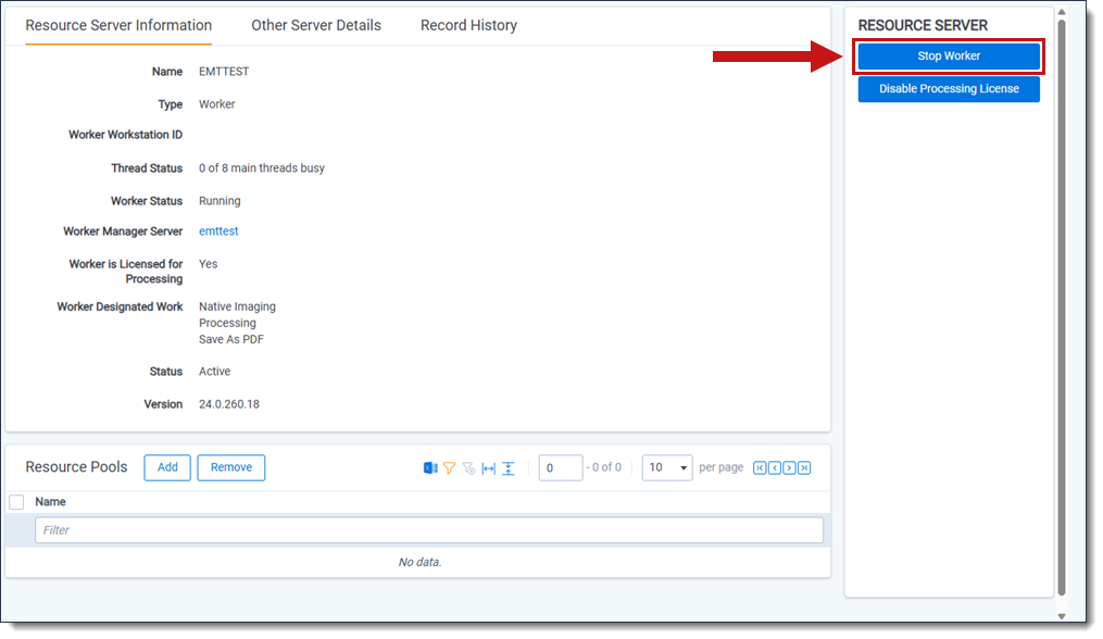 The Stop Worker button is highlighted on the Servers tab.