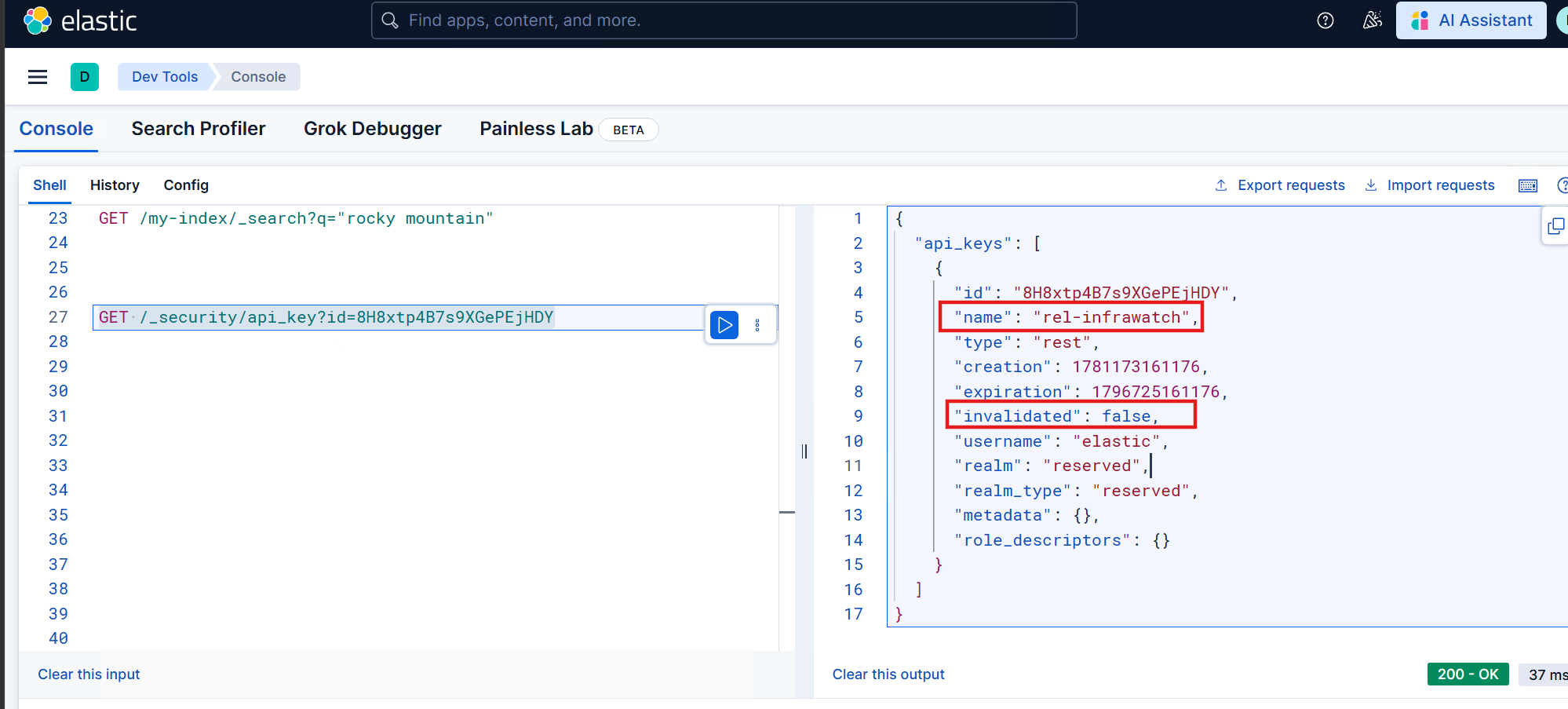 New API key showing invalidated: false in Elasticsearch Dev Tools