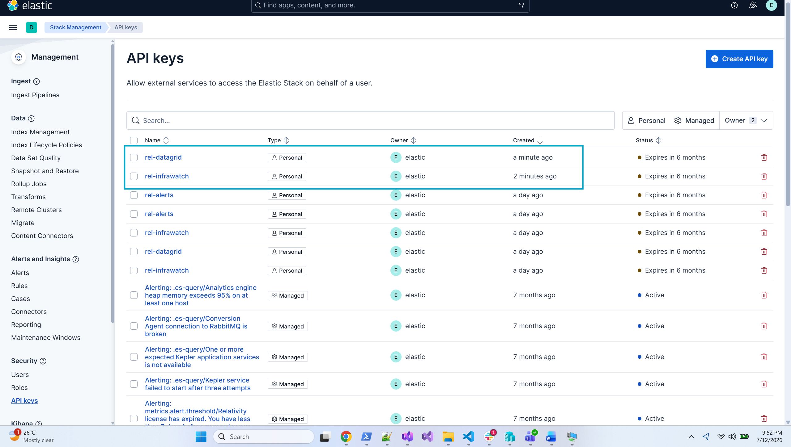 Kibana API keys page showing newly rotated rel-infrawatch and rel-datagrid keys