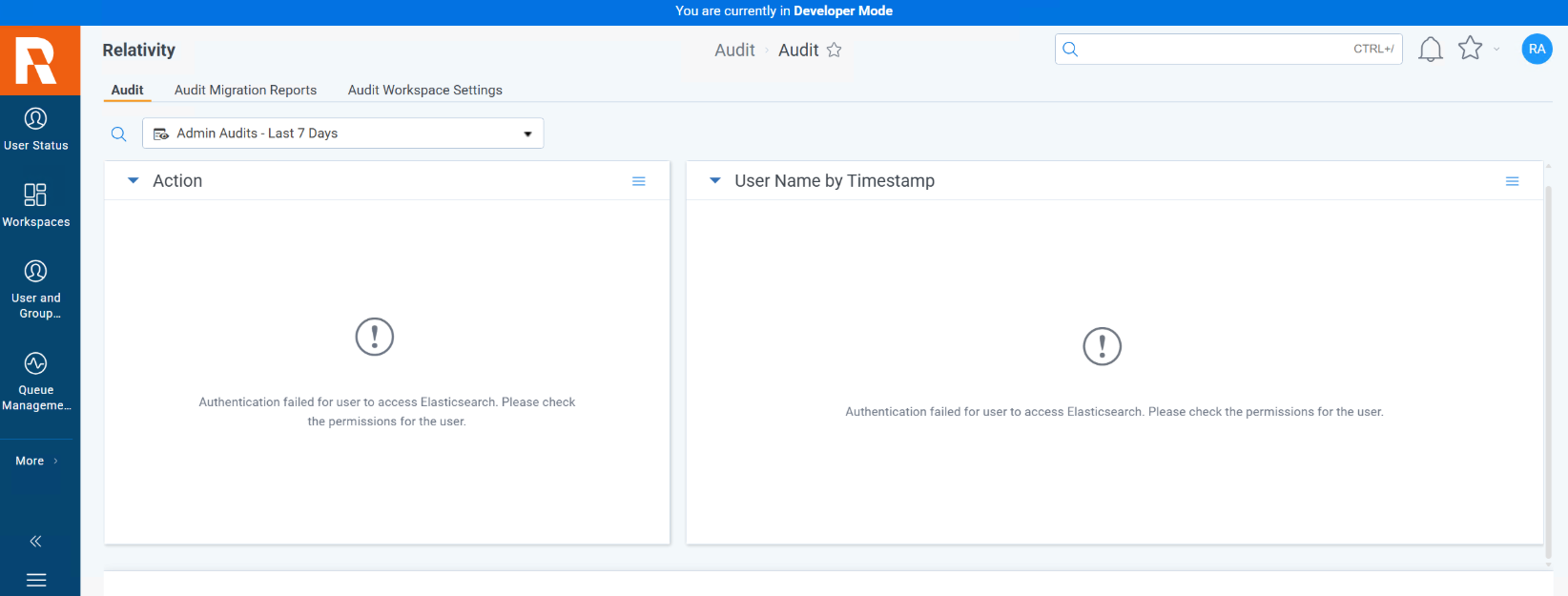 Relativity Audit tab showing authentication failed error