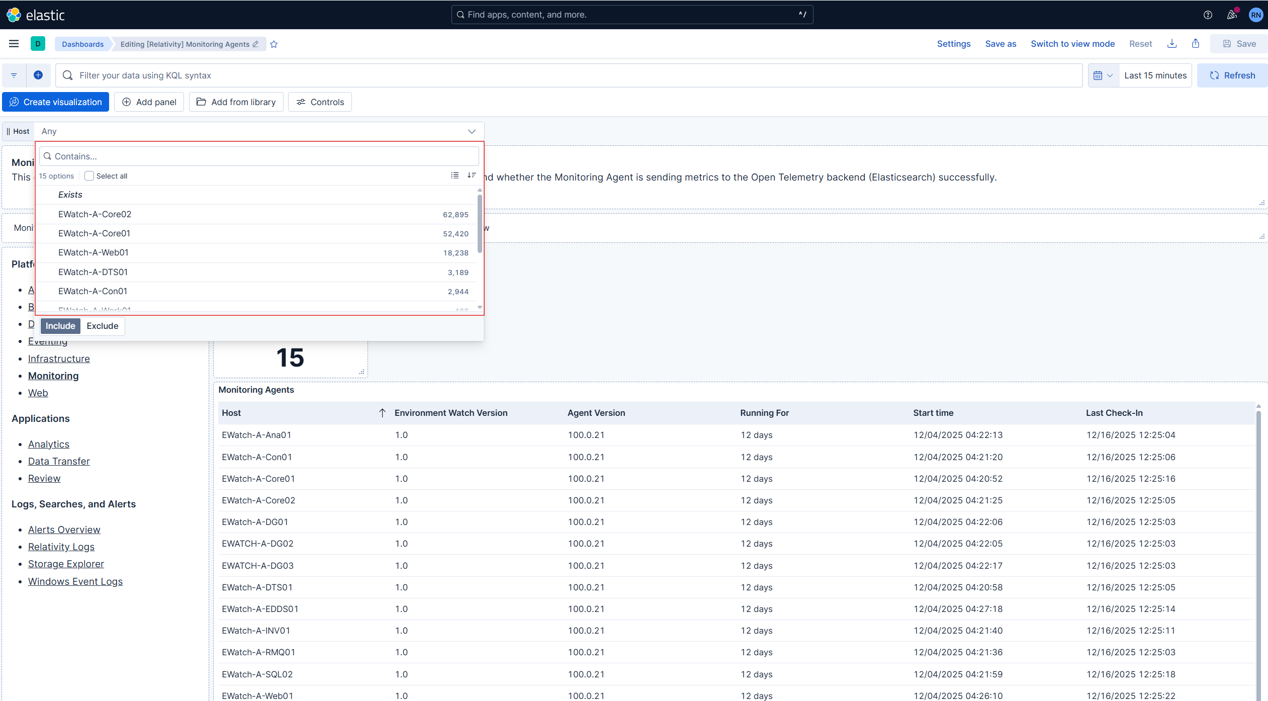 Screenshot: Filter dropdown populated