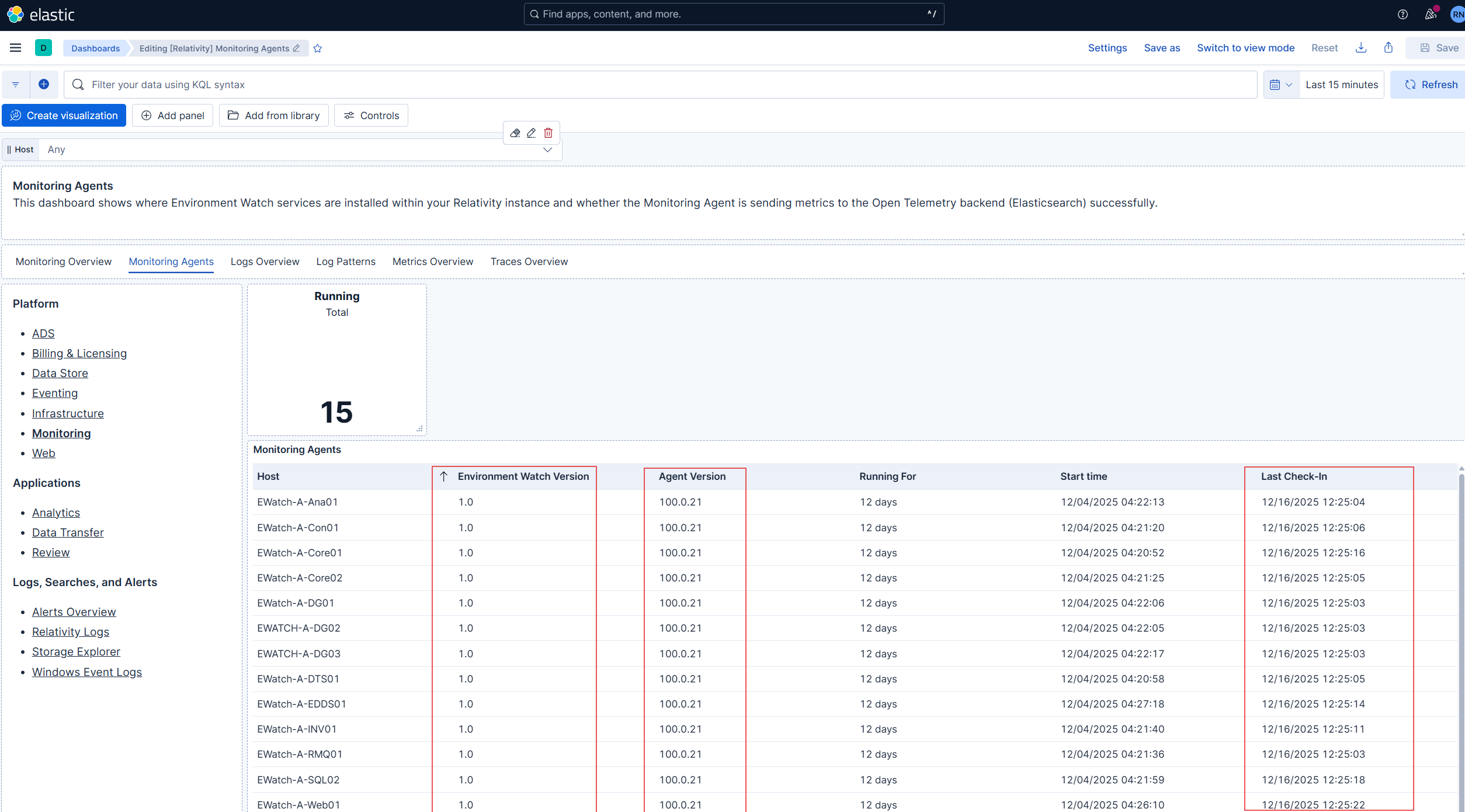 Screenshot: Hosts and versions