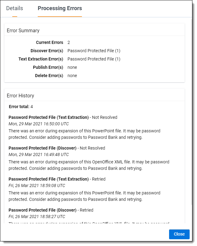 Discovered files details view