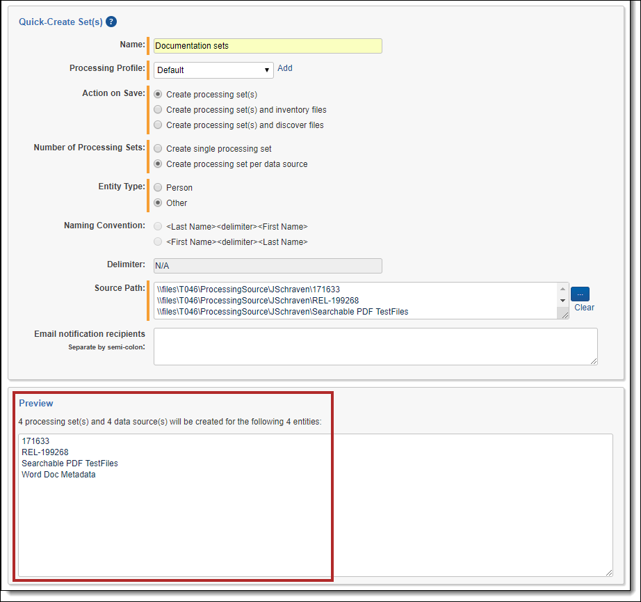 Quick-create set preview pane