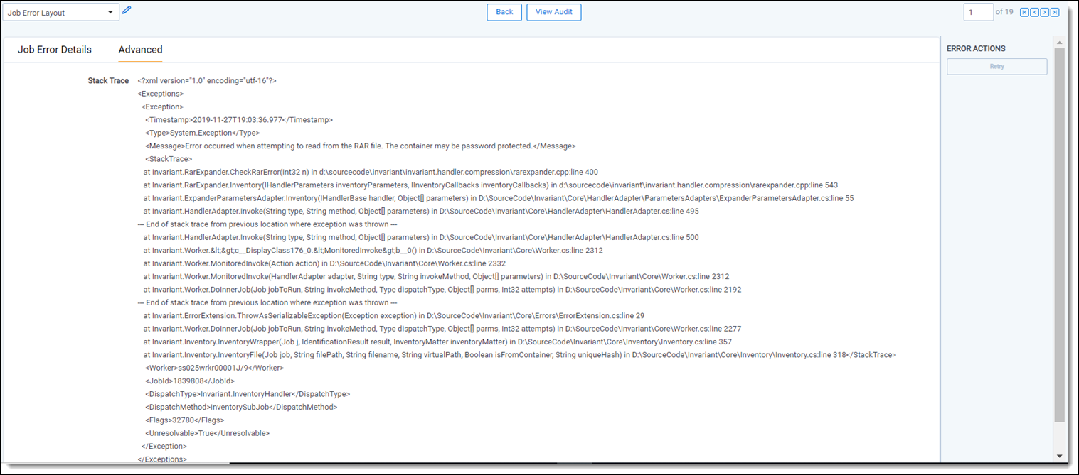 Job error stack trace