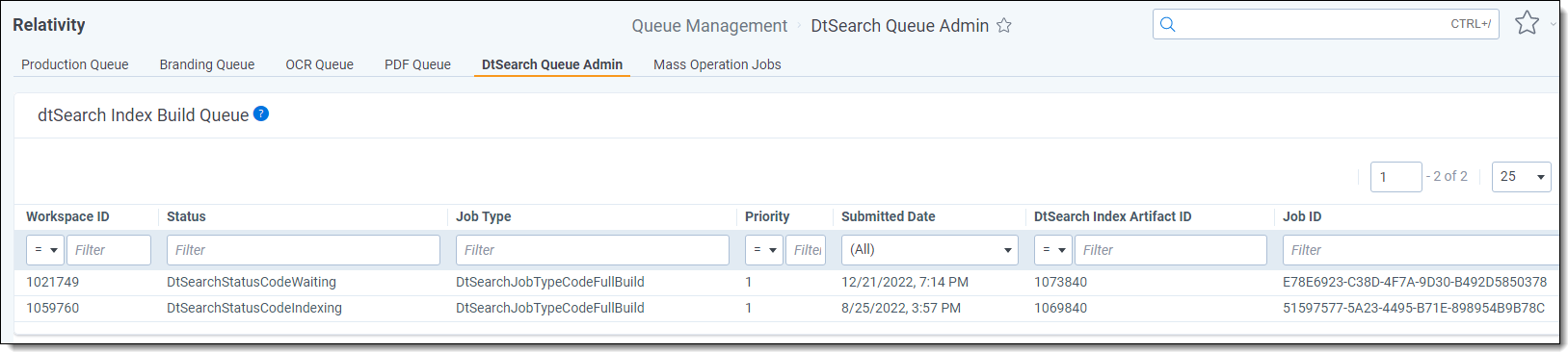 dtSearch Queue Admin Table